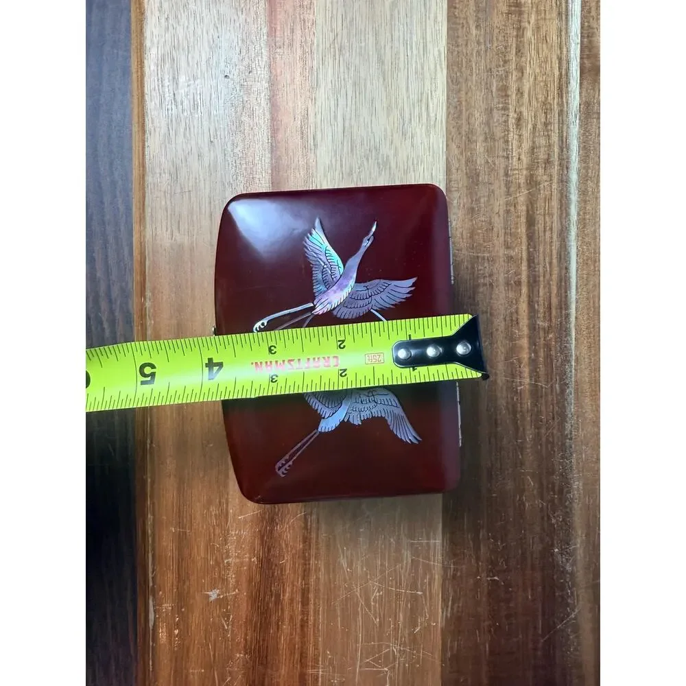 Vintage Lacquer Jewelry Box: Cranes, Turtle Clasp, Red Velvet Lined Asian Decor